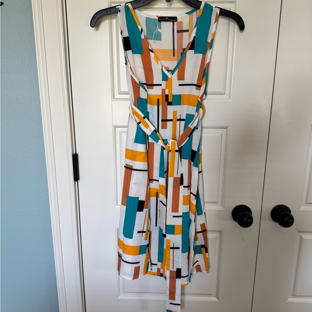 Blue and Orange Sleeveless Tie Front Midi Dress